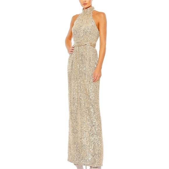 Mac Duggal Gold Sequin Halter Neck Sheath Gown Dress, size 16 - Picture 1 of 12